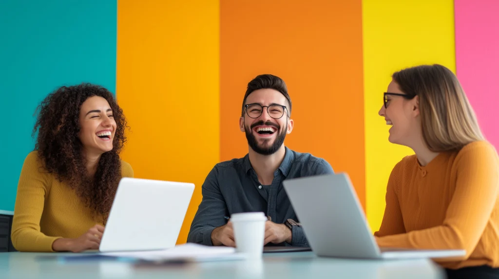 Três profissionais sorridentes trabalham com notebooks em uma mesa, com um fundo de listras coloridas e vibrantes.