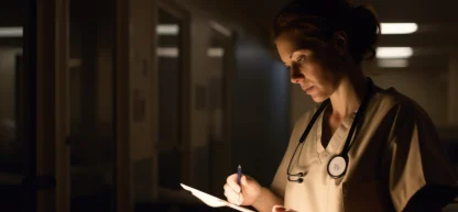 Profissional da saúde (enfermeira/médica) preenchendo formulário em corredor escuro de hospital