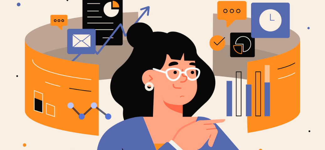 Ilustração flat de mulher analisando gráficos e ícones de dados, ideal para temas de métricas e gestão de processos.