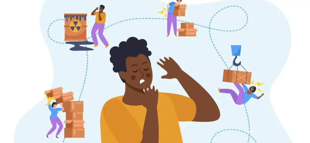 Um homem negro, de camisa amarela, no centro da imagem, tem uma expressão de pânico e leva a mão ao pescoço, como se estivesse com falta de ar ou sufocado. Ao redor dele, pequenas cenas representam diversos acidentes e riscos no ambiente de trabalho, interligados por linhas pontilhadas que sugerem um fluxo de pensamento ou uma visão de perigo iminente.