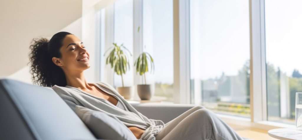 A imagem mostra uma mulher deitada confortavelmente em um sofá cinza, com os olhos fechados e um sorriso relaxado no rosto, como se estivesse desfrutando de um momento de paz ou meditação. Ela tem cabelos escuros e cacheados presos em um rabo de cavalo e veste roupas casuais de cor clara, possivelmente um moletom ou cardigan cinza sobre uma blusa mais clara. A cena se passa em um ambiente interno bem iluminado pela luz natural que entra por uma grande janela ao fundo. Através da janela, é possível ver o exterior, com folhagens verdes e possivelmente outras construções ou árvores. Há duas plantas em vasos de cerâmica claras perto da janela, adicionando um toque de natureza ao ambiente. Um copo com água está visível sobre uma superfície à direita do sofá. A atmosfera geral da imagem transmite tranquilidade e bem-estar.