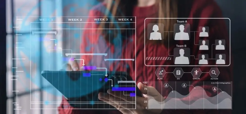 A pessoa na imagem segura um tablet enquanto uma tela de realidade aumentada (RA) superpõe uma variedade de gráficos e diagramas.