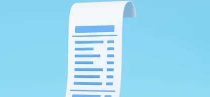 Uma ilustração digital mostra uma folha de pagamento ou recibo de papel, com um topo curvado, flutuando em um fundo azul claro. As linhas e os dados do documento são representados por blocos azuis escuros e retangulares, simulando a estrutura de uma fatura ou extrato.