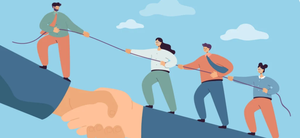 Ilustração mostrando um time subindo um obstáculo com a ajuda de uma corda e uma mão amiga, representando a importância da liderança e do apoio adaptável para o sucesso da equipe.
