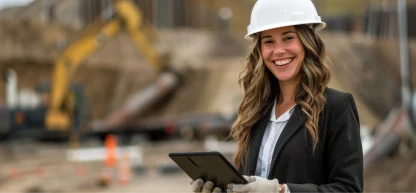 Mulher engenheira/arquiteta sorridente com capacete e blazer em canteiro de obras, segurando um tablet. Foco na gestão.