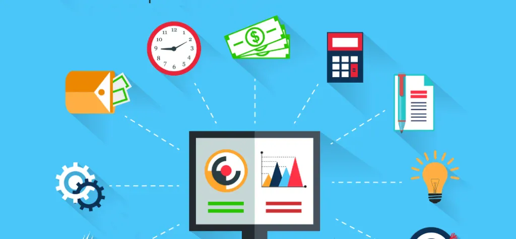 Ilustração de monitor com dashboard central cercado por ícones de gestão, finanças e tempo em fundo azul vibrante.