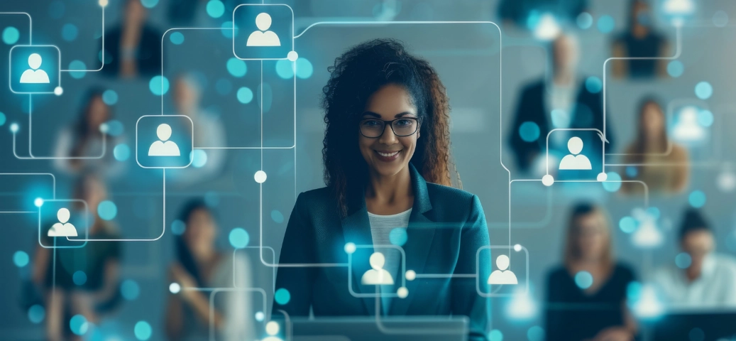 Mulher sorridente à frente de um painel digital com ícones de pessoas conectadas por linhas, representando networking e RH.