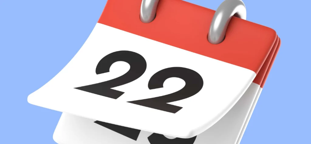 Ícone 3D de calendário de mesa com a folha do dia 22 em destaque, simbolizando datas comerciais e planejamento de prazos.