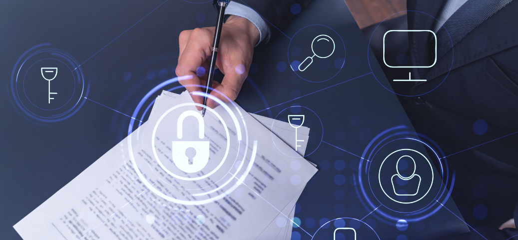 Mão masculina assinando contrato com ícones digitais de cadeado e segurança sobrepostos. Conceito de confidencialidade.