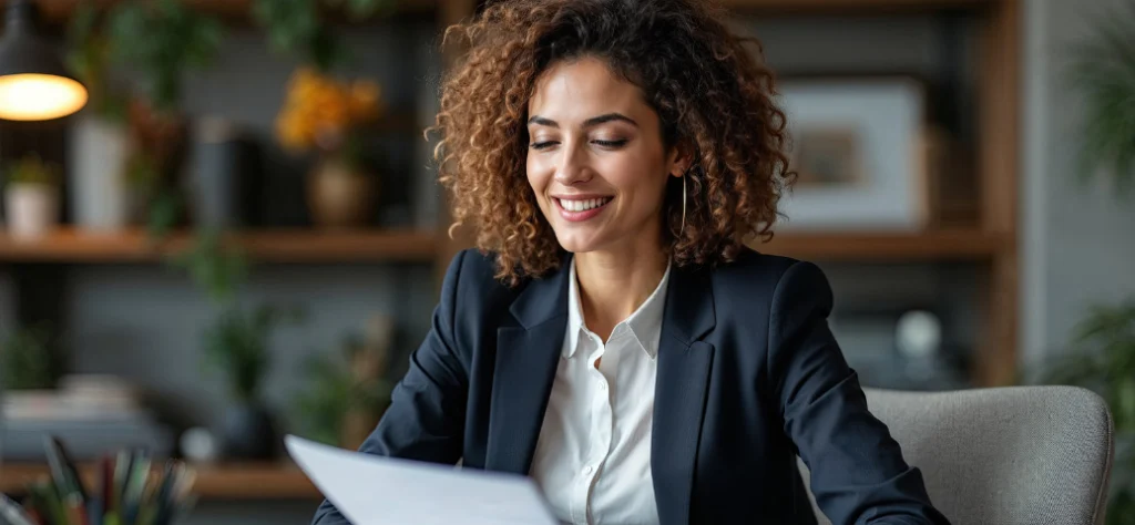 Mulher de blazer escuro e cabelo cacheado sorri ao ler papéis em uma mesa de escritório com xícara e prateleiras ao fundo.