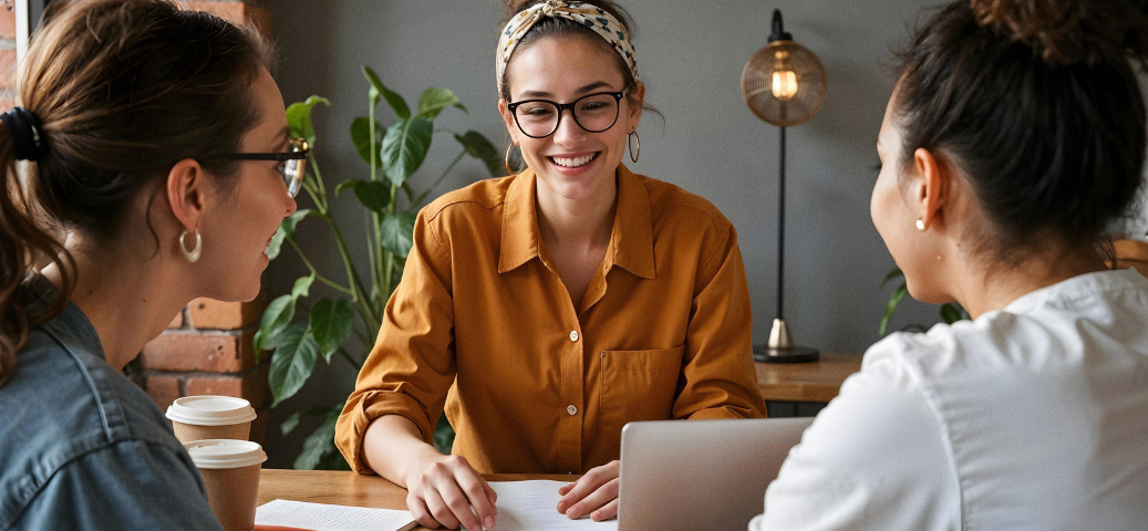 Mulher de óculos e camisa mostarda sorri ao se reunir com duas colegas em mesa com notebook e copos de café.