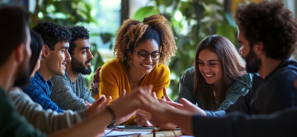 Equipe diversa sorri reunida ao redor de mesa de madeira em uma dinâmica em grupo com foco em mulher de óculos ao centro.