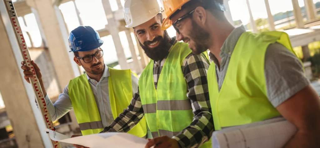 três homens trabalhando em um canteiro de obras: eles usam coletes reflexivos amarelos, capacetes de segurança (azul, branco e amarelo), óculos e estão analisando uma planta e equipamentos de medição.