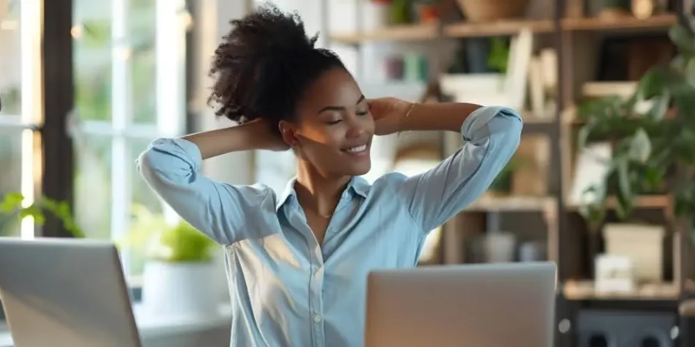 A imagem mostra uma mulher com a pele escura, sentada em uma mesa com dois notebooks, com os braços esticados para cima e as mãos atrás da cabeça, em uma postura de relaxamento ou alongamento. Ela tem os olhos fechados e um sorriso tranquilo no rosto, indicando um momento de alívio ou satisfação. A mulher usa uma camisa social clara, que parece ser azul-claro ou cinza-claro. Seu cabelo, de textura crespa, está preso em um coque alto e volumoso. O ambiente ao fundo sugere um escritório ou um espaço de trabalho em casa, com plantas em prateleiras e uma estante visível. A iluminação parece ser natural, vindo de uma janela, e atinge o rosto da mulher, criando um efeito de luz e sombra agradável. Há também uma luminária de mesa à esquerda, ligeiramente desfocada.