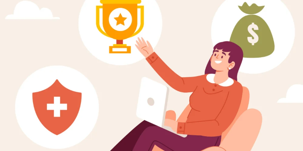 Uma ilustração de uma mulher sentada em uma poltrona, segurando um laptop no colo e acenando com a mão direita para cima, onde ícones de um troféu, um saco de dinheiro e um escudo com uma cruz (símbolo de saúde ou segurança) flutuam ao redor dela. Ela tem uma expressão feliz no rosto, e o fundo é um céu claro com algumas nuvens estilizadas.