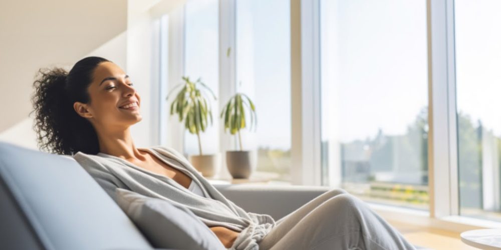 A imagem mostra uma mulher deitada confortavelmente em um sofá cinza, com os olhos fechados e um sorriso relaxado no rosto, como se estivesse desfrutando de um momento de paz ou meditação. Ela tem cabelos escuros e cacheados presos em um rabo de cavalo e veste roupas casuais de cor clara, possivelmente um moletom ou cardigan cinza sobre uma blusa mais clara. A cena se passa em um ambiente interno bem iluminado pela luz natural que entra por uma grande janela ao fundo. Através da janela, é possível ver o exterior, com folhagens verdes e possivelmente outras construções ou árvores. Há duas plantas em vasos de cerâmica claras perto da janela, adicionando um toque de natureza ao ambiente. Um copo com água está visível sobre uma superfície à direita do sofá. A atmosfera geral da imagem transmite tranquilidade e bem-estar.